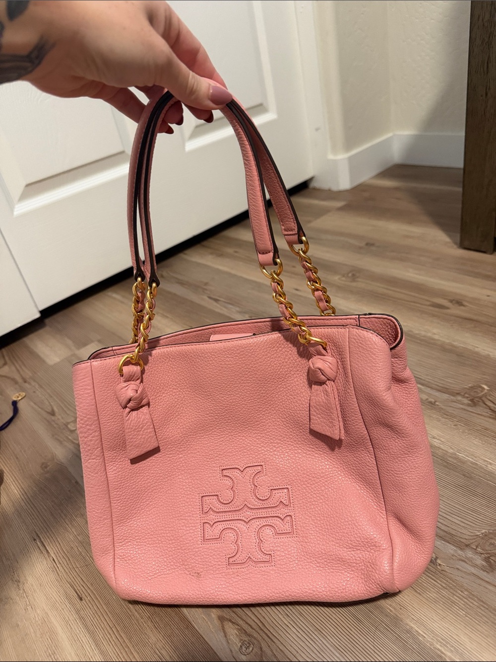 Tory Burch Pink Pebbled Leather Tote with Gold Hardware